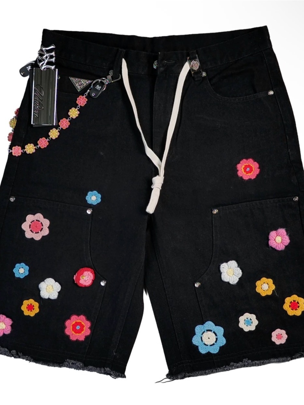 🌸🌼🩳🌼🌸 Watson Jean Shorts with Multicolor Crochet Flower Accents & Pocket Chain
